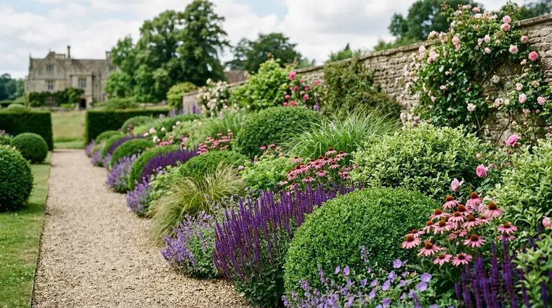 A balanced English garden border in summer showing structural foliage and repeated flower highlights