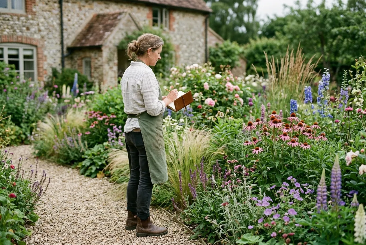 A gardener standing back assessing a border with a notebook while planning the planting