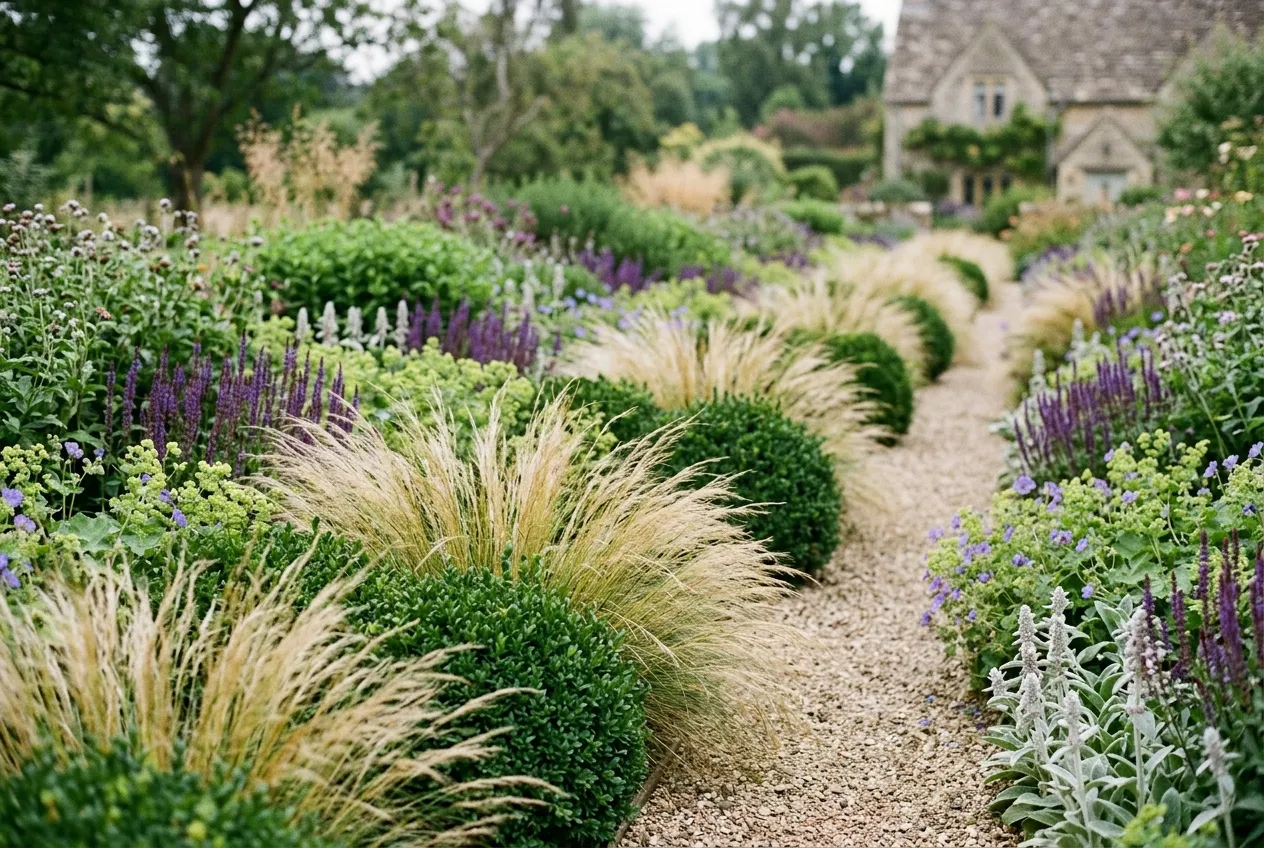 A border showing repeated drifts of the same ornamental grass creating rhythm down its length