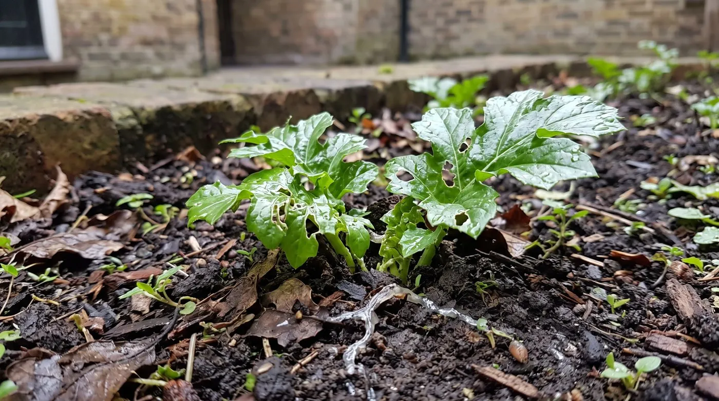 Young acanthus shoots in spring with ragged holes and silvery slime trails from slugs