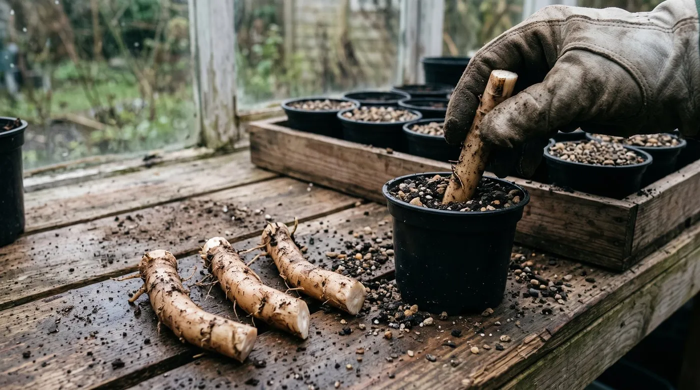 Gloved hand pushing an acanthus root cutting upright into a pot of gritty compost on a potting bench