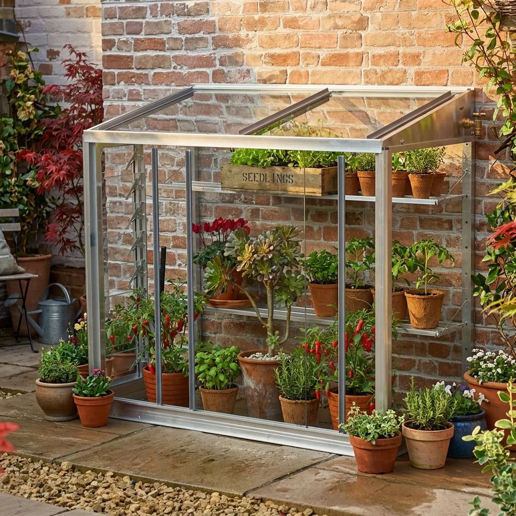 Access Harlow mini greenhouse against a brick wall with herbs and seedlings