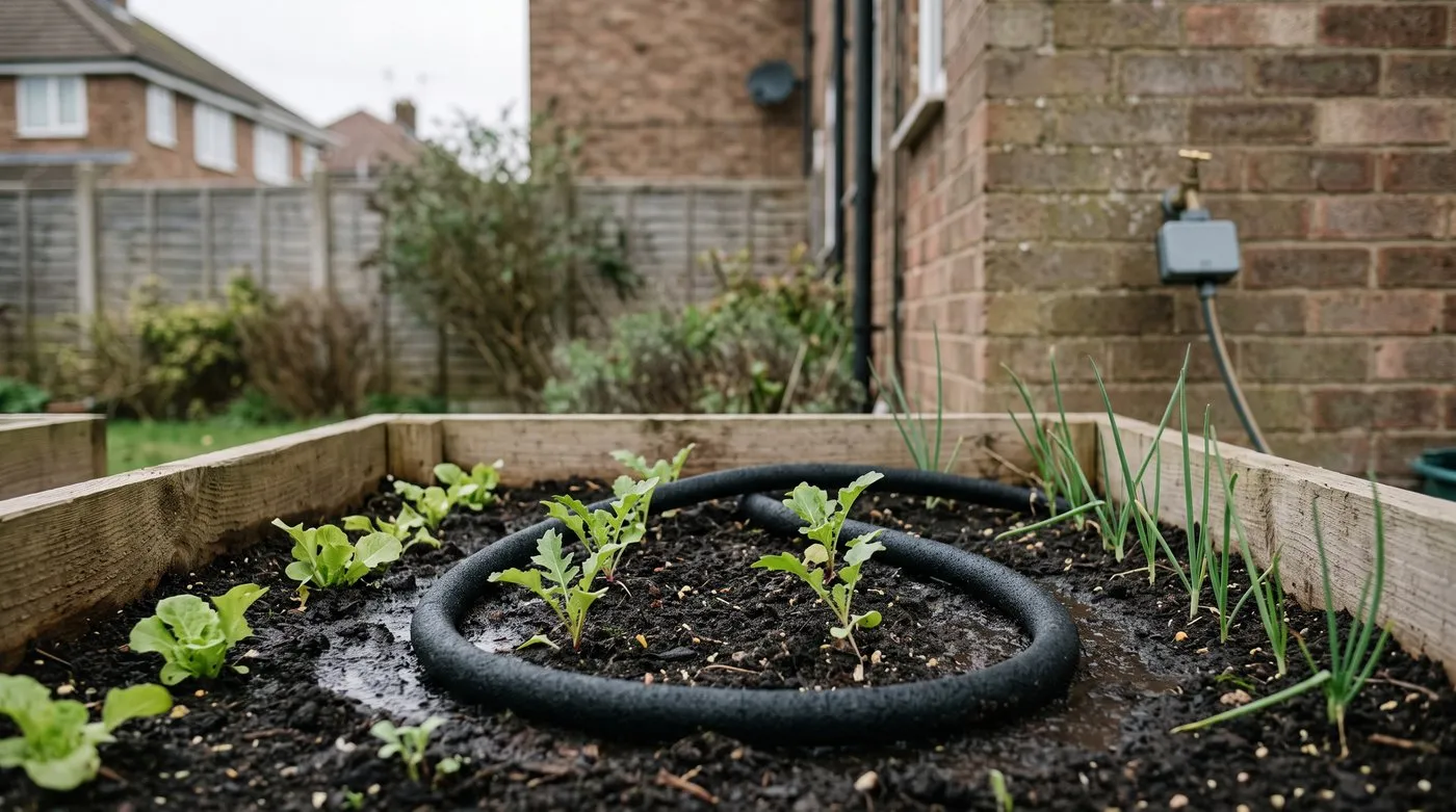 Soaker hose laid between salad rows in a raised bed, with a tap timer on the wall for easy accessible watering