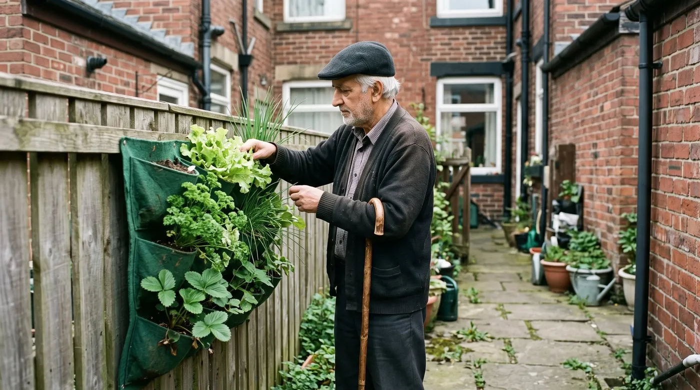 Older man picking lettuce from fence-mounted wall pockets at chest height, an accessible gardening idea that saves bending