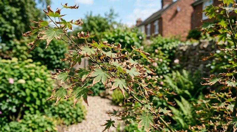 A close-up of a Japanese maple in a UK garden in midsummer with the leaf edges and tips turned crispy brown from scorch