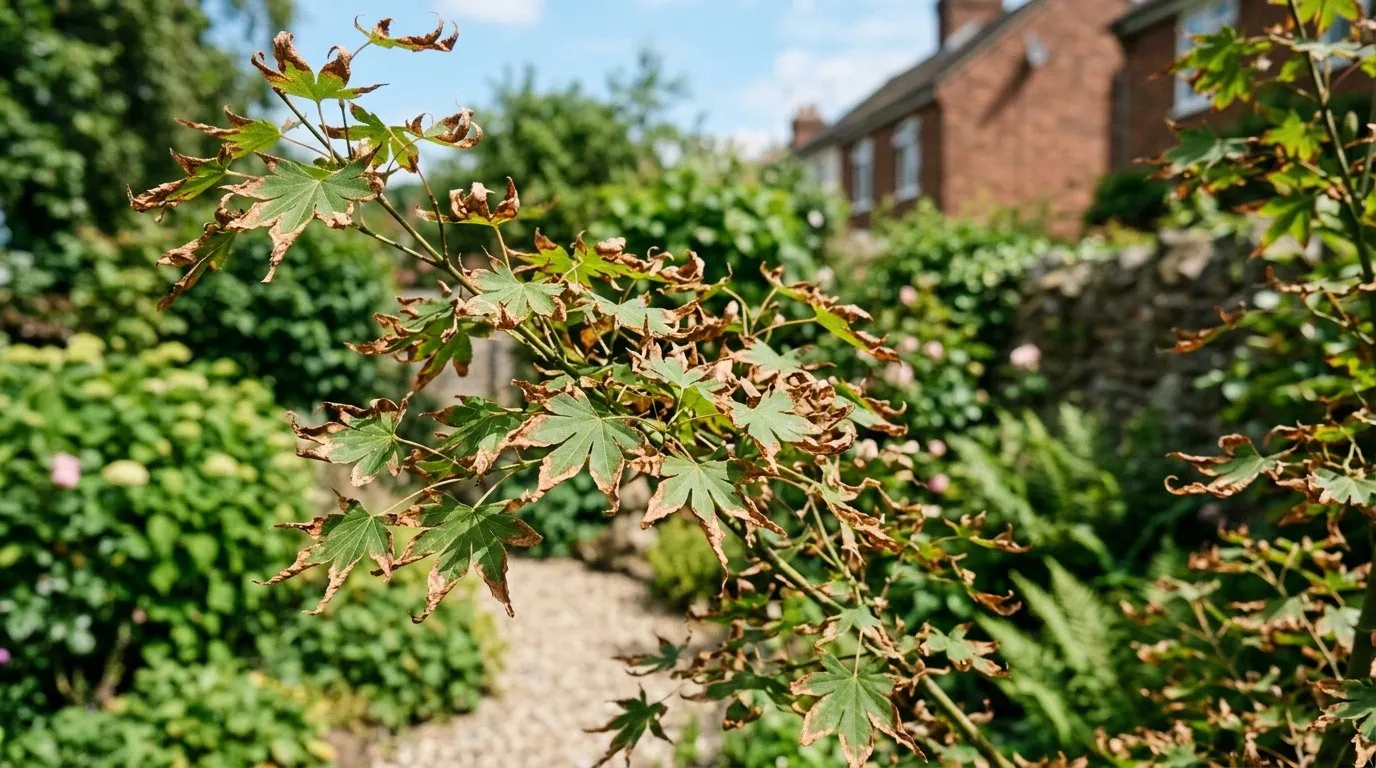 A close-up of a Japanese maple in a UK garden in midsummer with the leaf edges and tips turned crispy brown from scorch while the leaf centres stay green