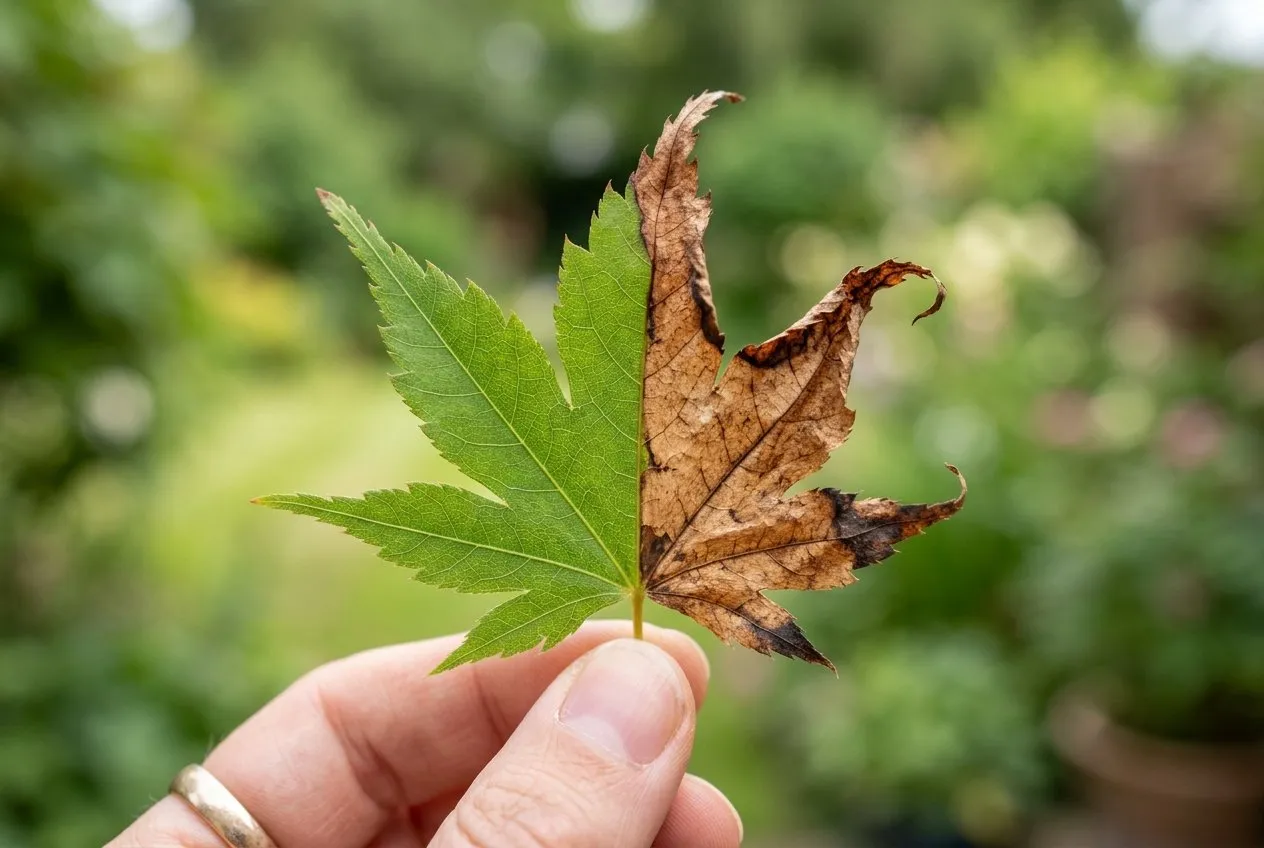A diagnostic close-up of a single Japanese maple leaf in a UK garden, one side crisp brown and curled from scorch and the other side still healthy green, photographed in strong July light