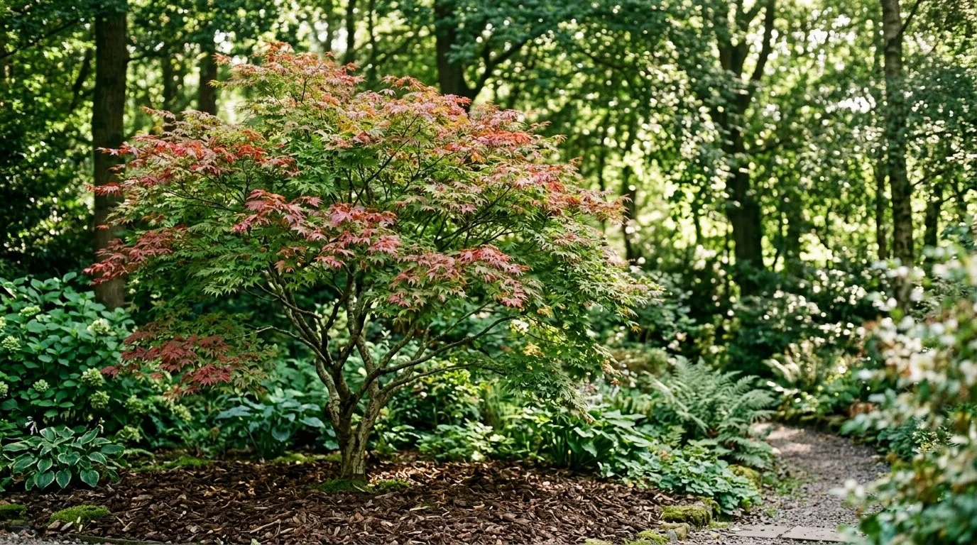 A healthy thriving Japanese maple in dappled shade at the edge of a woodland-style UK border, foliage full and unscorched, with mulch around the base