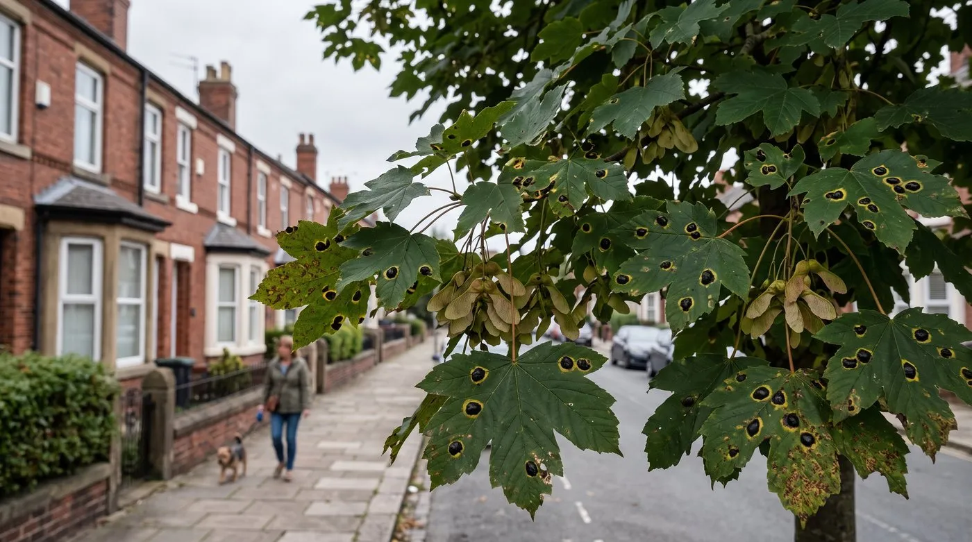 Sycamore on a city street with many leaves showing black tar spots in late summer
