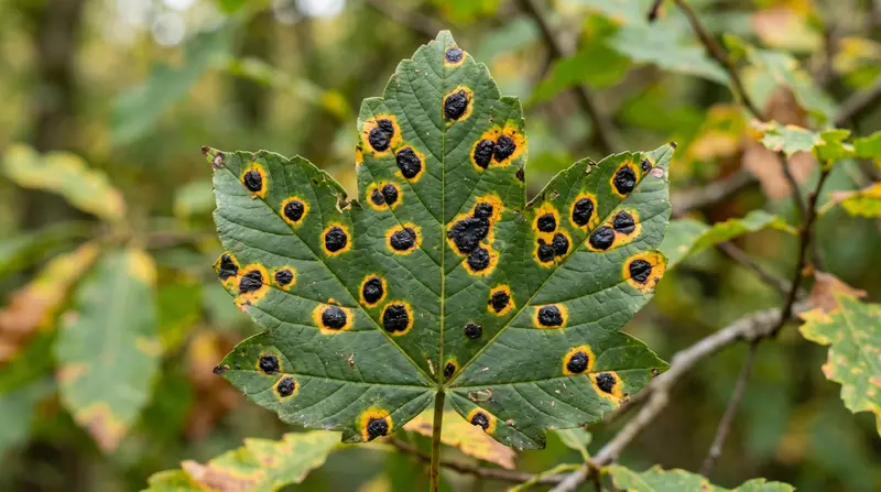 A diagnostic close-up of a UK sycamore leaf showing classic acer tar spot disease with large black tar-like spots surrounded
