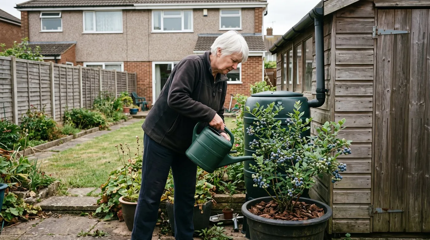 Older woman watering a potted blueberry with rainwater from a water butt, an acid soil plant grown in a pot
