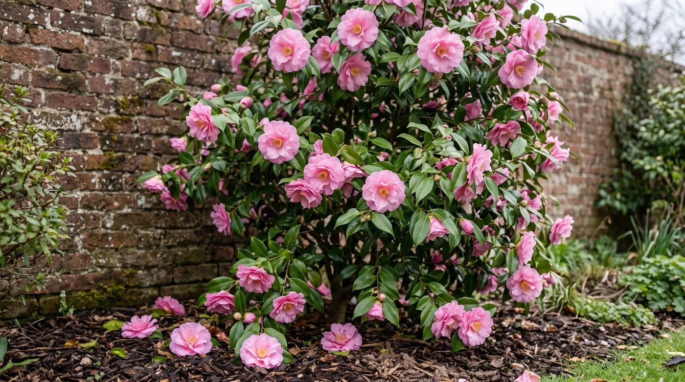 Camellia Donation with pink semi-double flowers on a west-facing wall in an acid soil garden in March