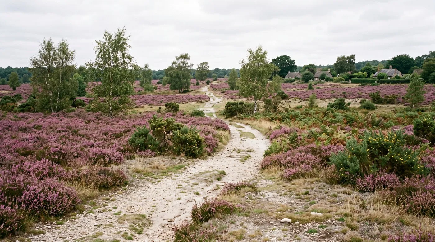 Purple heather, gorse and silver birch on sandy acid soil heathland in the New Forest