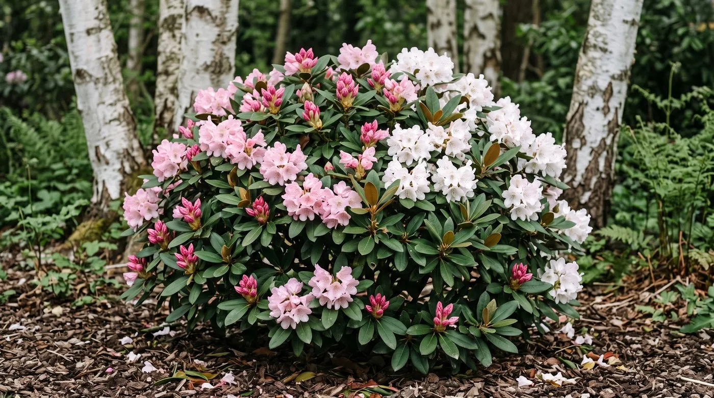 Compact Rhododendron yakushimanum with pink and white flowers in dappled shade on acid soil