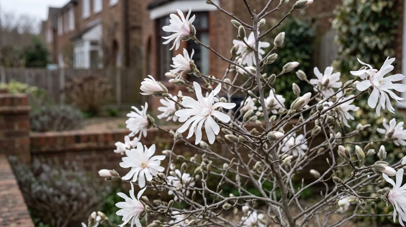 Star magnolia covered in white star-shaped flowers on bare branches in March in an acid soil garden