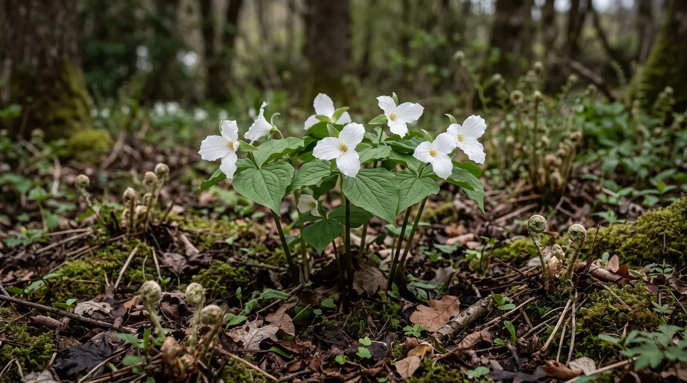White three-petalled Trillium grandiflorum flowers in a shady woodland border on acid soil
