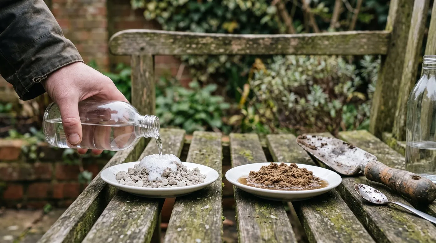 Vinegar fizzing on chalky soil but not on darker soil, a quick check before choosing acid soil plants
