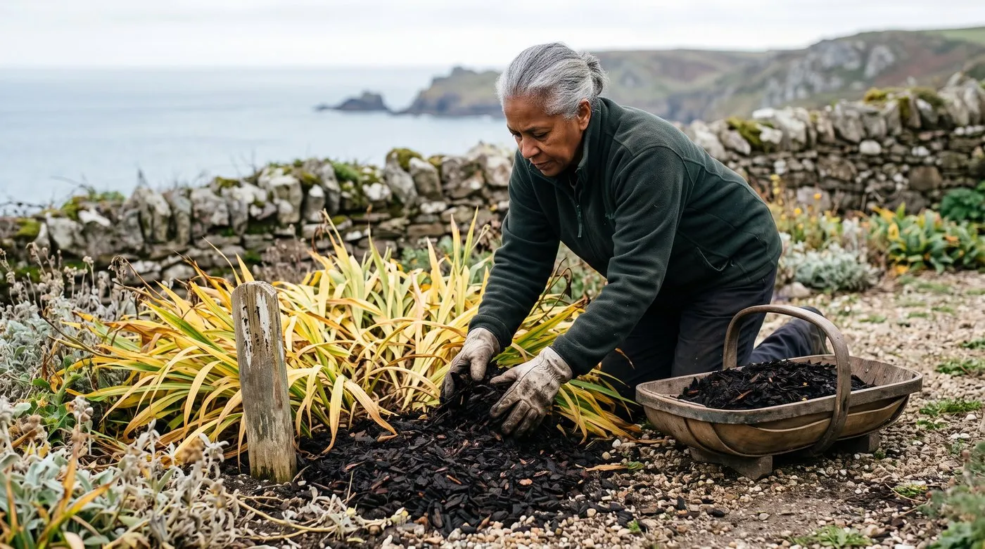 Gardener spreading bark mulch over dying-back acidanthera leaves in a free-draining seaside border