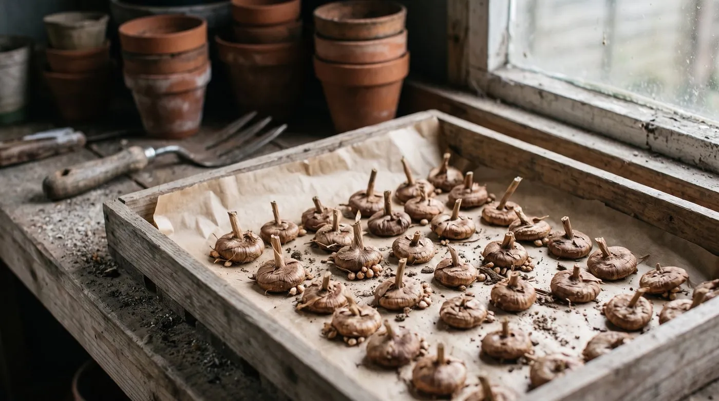 Lifted acidanthera corms with papery skins and small cormlets drying in a wooden tray on a shed bench