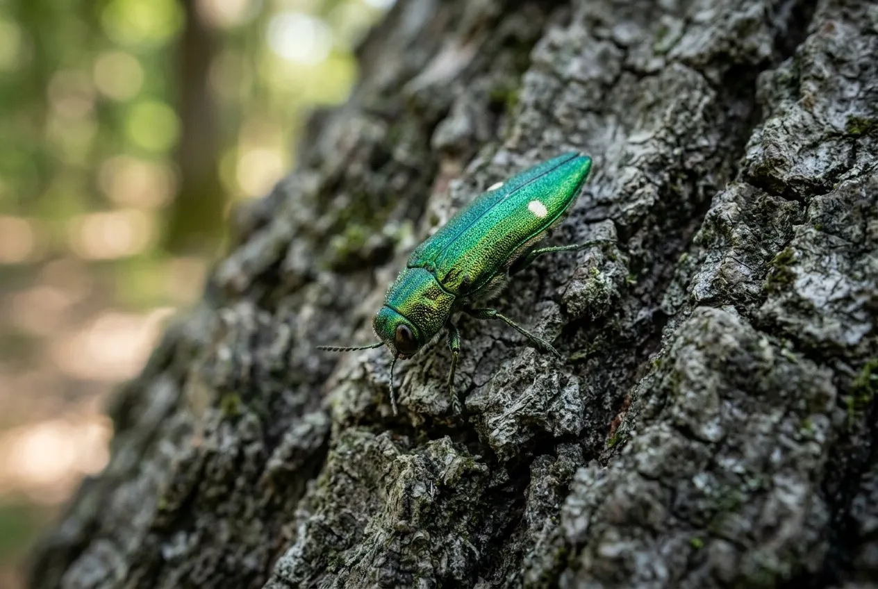 The metallic green two-spotted oak beetle Agrilus biguttatus resting on oak bark, around one centimetre long