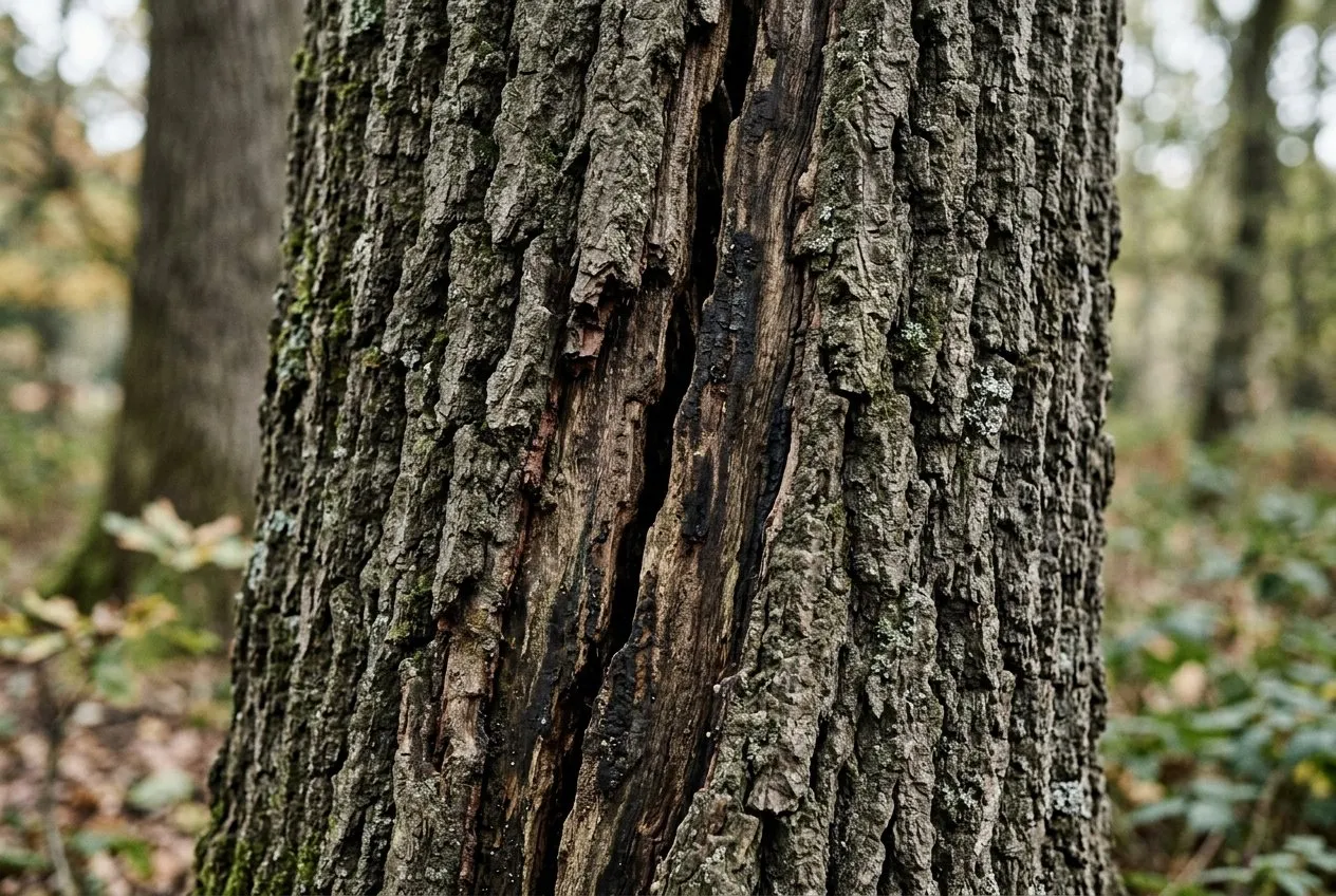 A vertical crack running between the ridged bark plates of an oak trunk, with dark staining along its edges