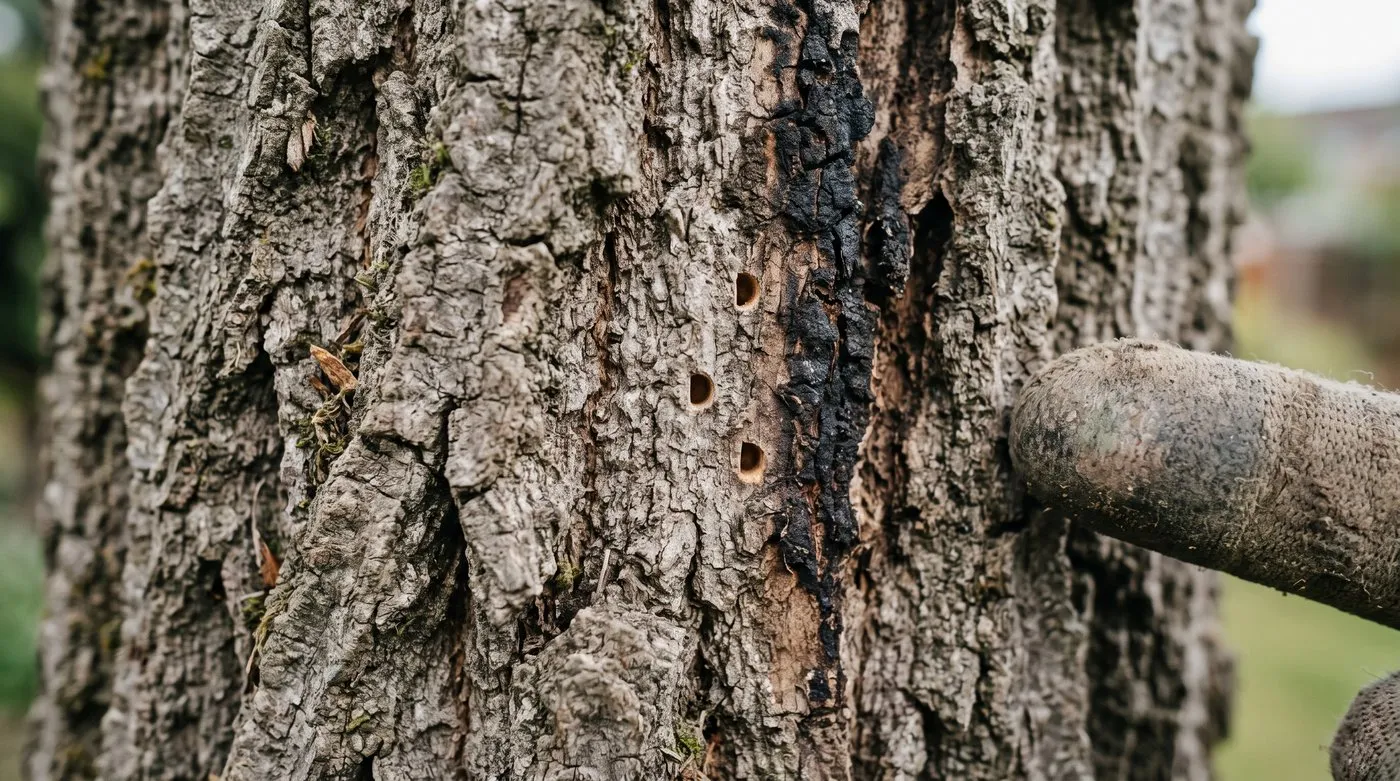 Tiny D-shaped beetle exit holes in oak bark beside a dried black bleed, with a gloved fingertip for scale