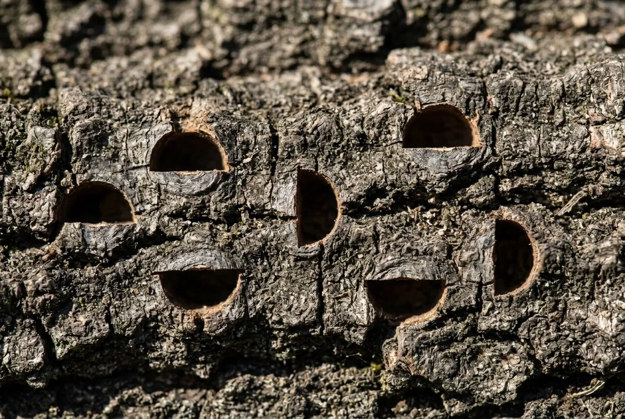 A distinctive D-shaped exit hole about 4mm across in the bark of an oak, made by the two-spotted oak beetle