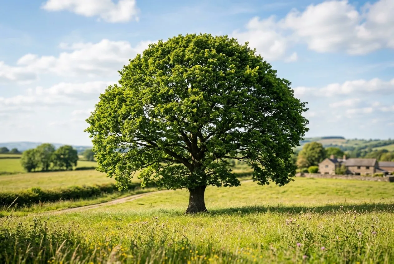 A healthy mature English oak in full leaf standing in a Staffordshire field, dense even crown against a summer sky