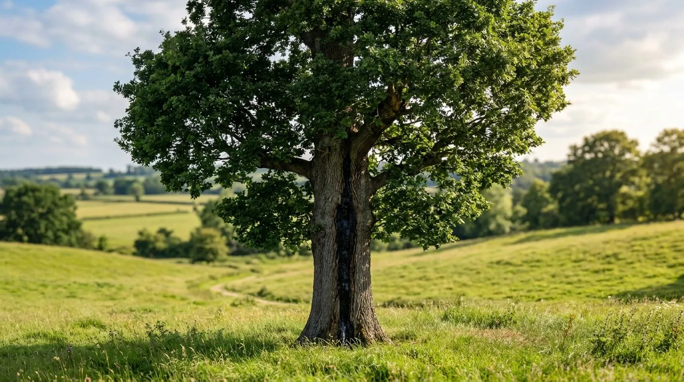 A mature English oak in summer parkland with a dark weeping stem bleed staining the lower trunk