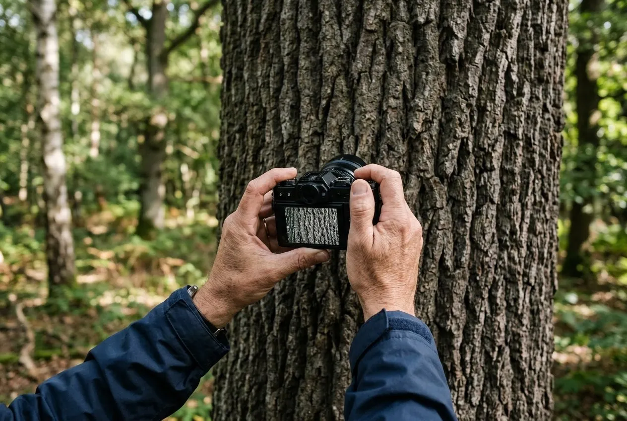 A pair of hands holding a camera photographing the lower trunk of a mature oak for monitoring records