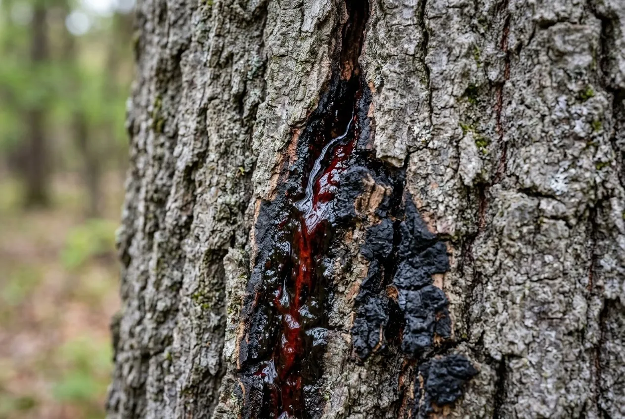 Close-up of a dark, tarry stem bleed weeping from a vertical crack in the ridged bark of a mature oak trunk