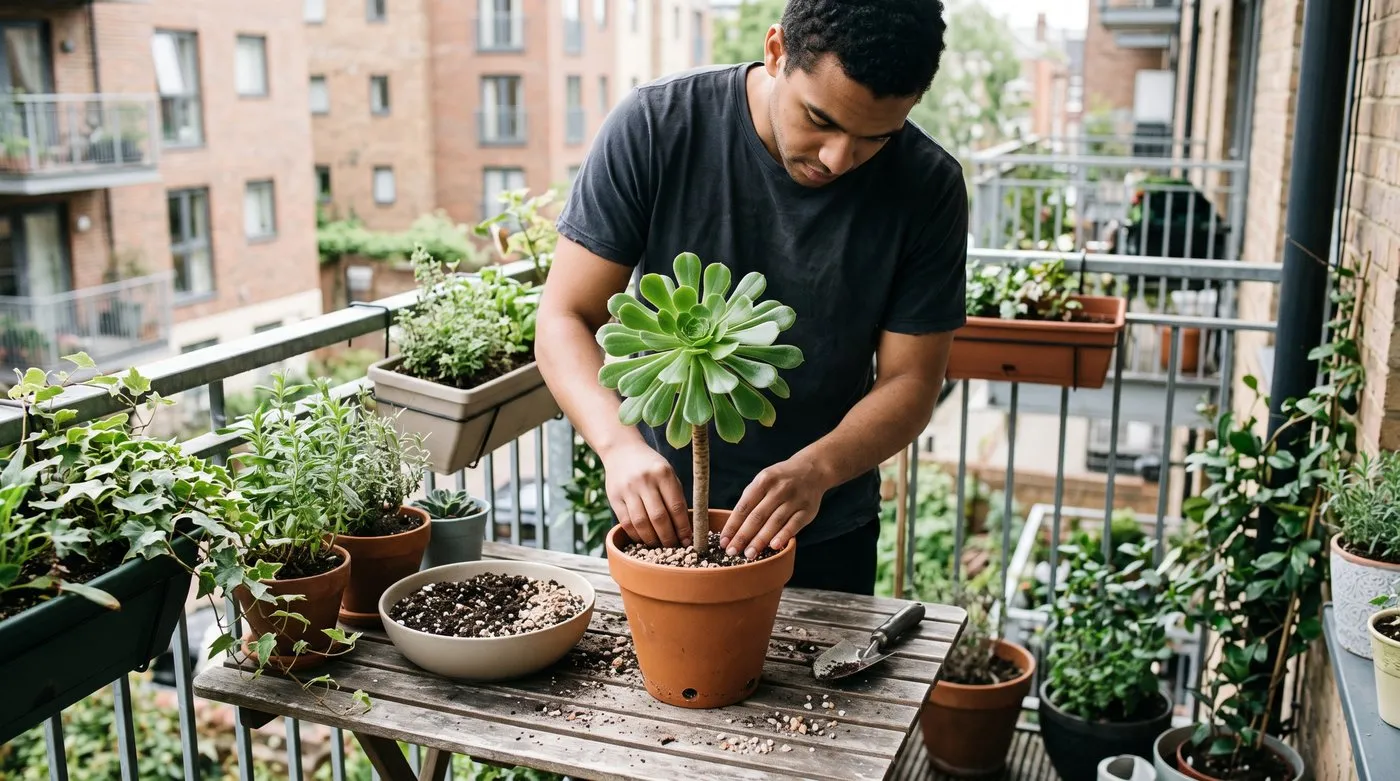 Gardener repotting a green aeonium rosette into a terracotta pot with gritty compost on a balcony