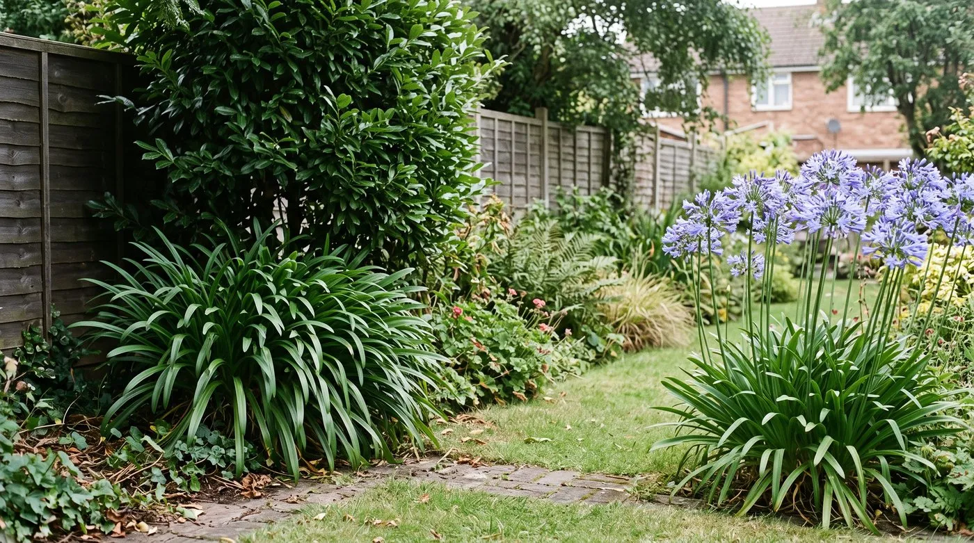 Leafy agapanthus with no flowers in shade beside a clump flowering blue in full sun