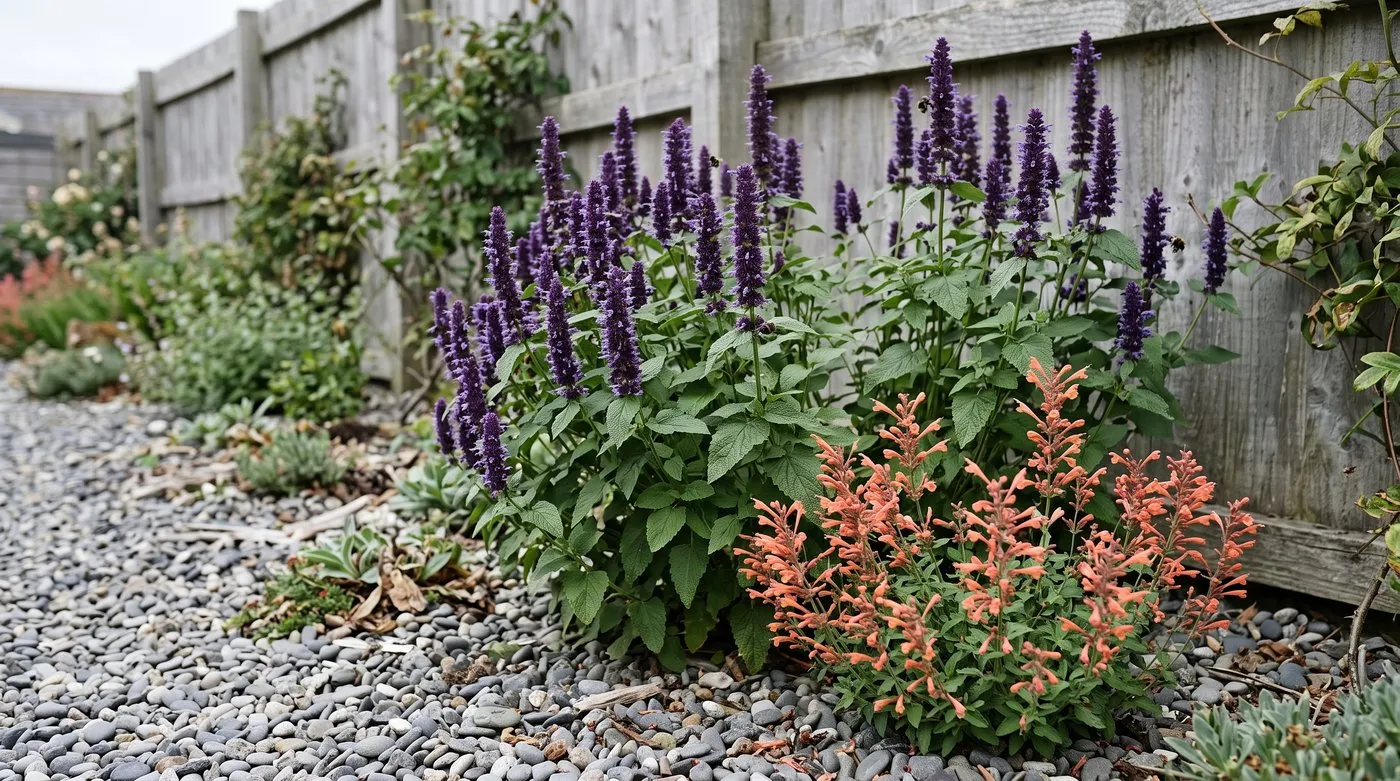 Dark violet Agastache Blackadder beside a compact coral-orange agastache in a gravel border by a timber fence