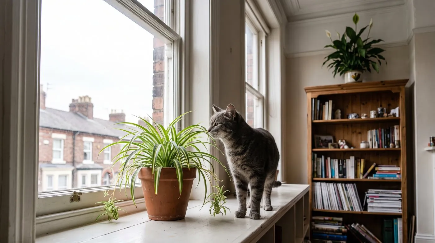 Tabby cat sniffing a spider plant on a low windowsill, with a peace lily up on a high shelf