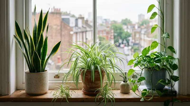 Cluster of air-purifying houseplants including spider plant and snake plant on a bright UK flat windowsill