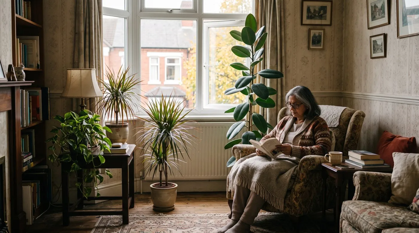 Woman reading in an armchair surrounded by houseplants beside a slightly open window