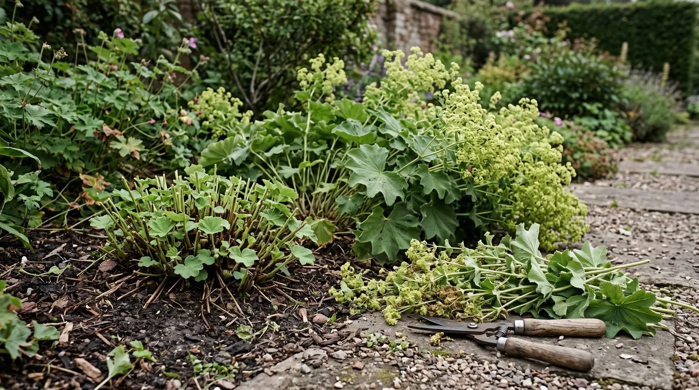 Alchemilla mollis cut back hard in July beside an uncut clump with tired, faded flowers