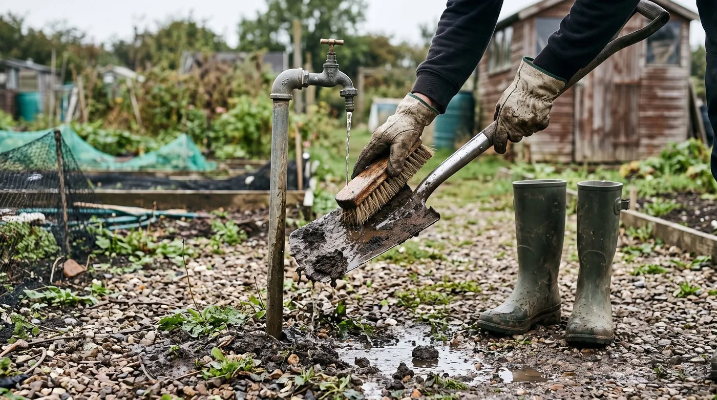 Scrubbing soil off a spade and wellies at an allotment tap to stop allium white rot spreading