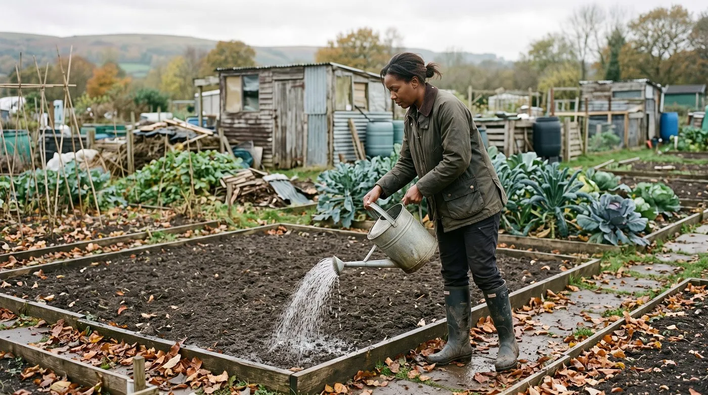 Gardener watering a bare allotment bed in autumn with garlic water, the decoy method for allium white rot