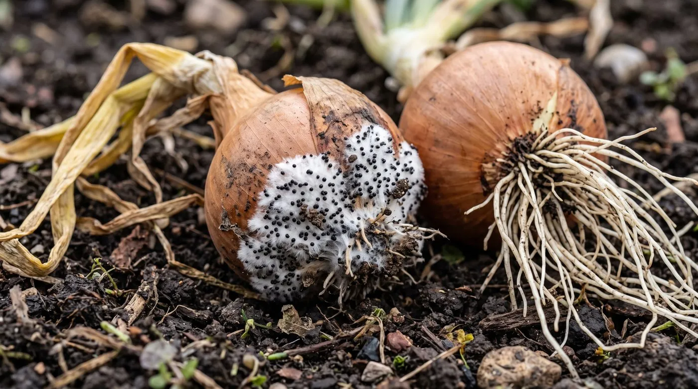 Onion pulled up showing allium white rot: white fluffy mould and tiny black dots at the rotted base, beside a healthy onion