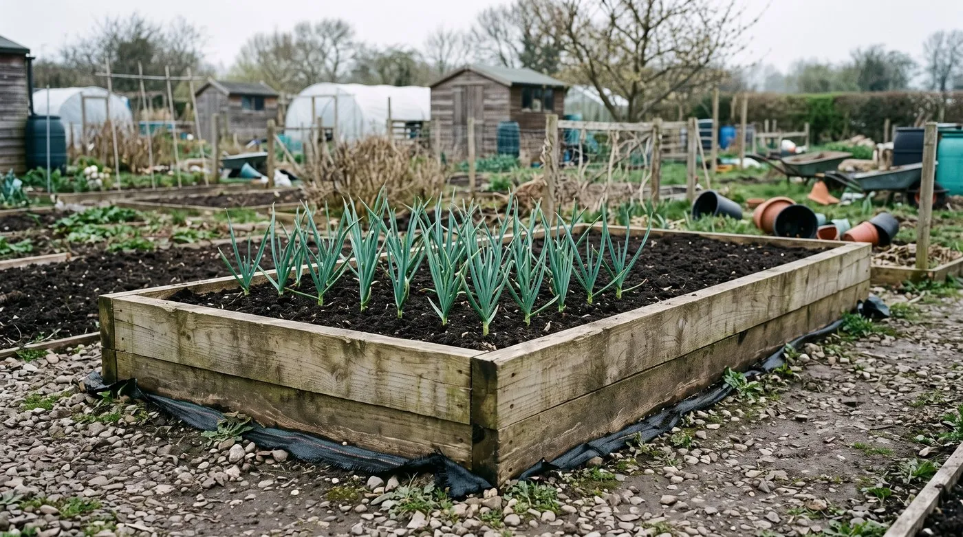 Healthy garlic growing in a deep raised bed of fresh compost on membrane, a way round allium white rot in the soil