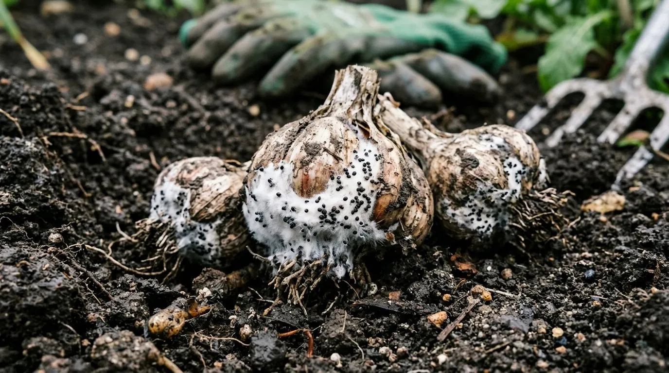 Allium white rot on garlic bulbs showing white fluffy fungal growth and black sclerotia
