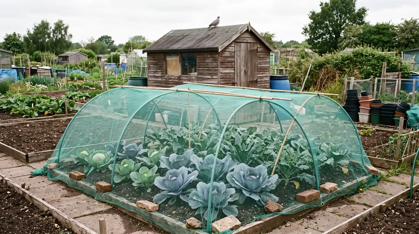 Young cabbages under netting on a frame, kept off the leaves to stop pigeons on a beginner's allotment