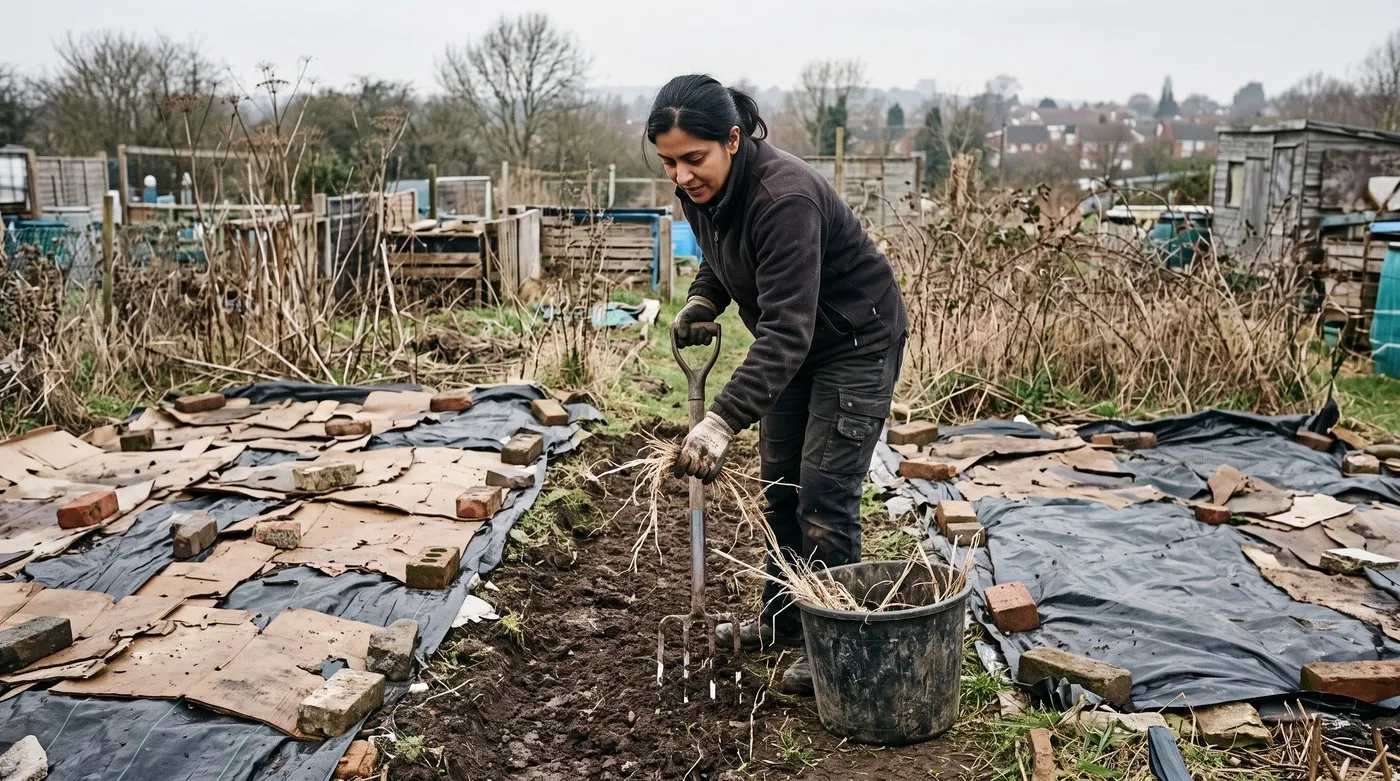 Woman forking out couch grass roots on a new allotment, with cardboard sheeting covering the uncleared ground