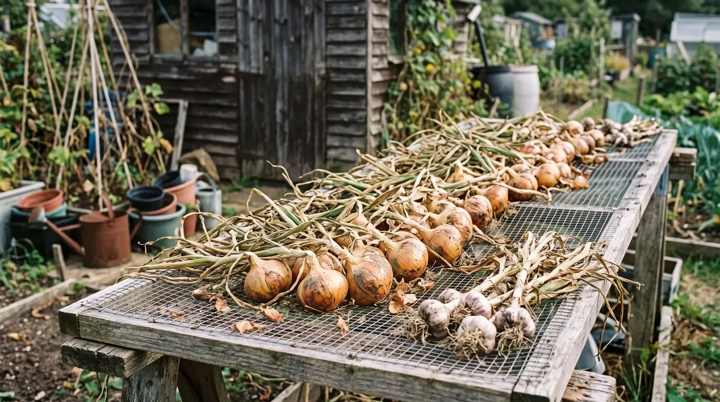 Allotment onions and garlic drying in a single layer on a mesh rack beside a shed before storing