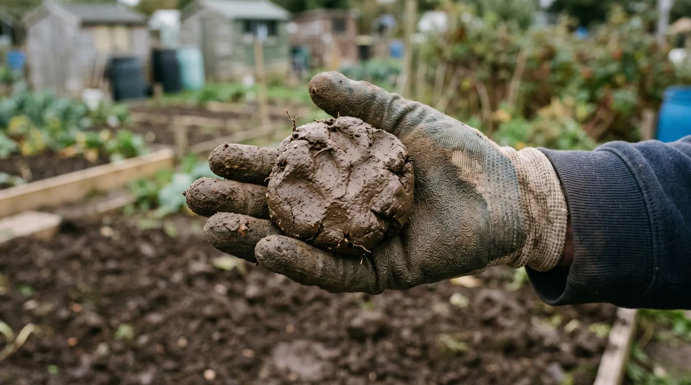 Squeezed ball of damp clay soil holding its shape in a gloved hand, a simple allotment soil test for beginners
