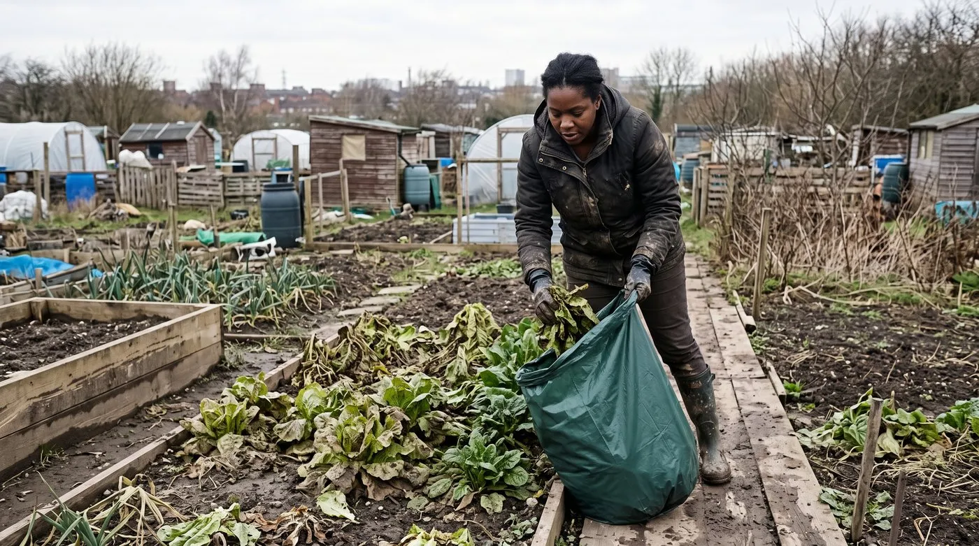 Gardener in gloves clearing silt-covered lettuces from an allotment bed after a flood