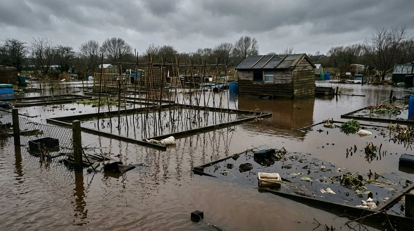 Flooded allotment plot with standing water covering vegetable beds after UK storm
