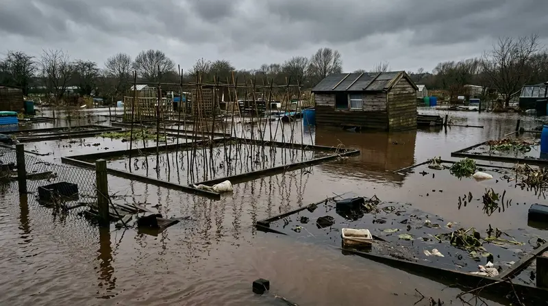 Flooded allotment plot with standing water covering vegetable beds after UK storm